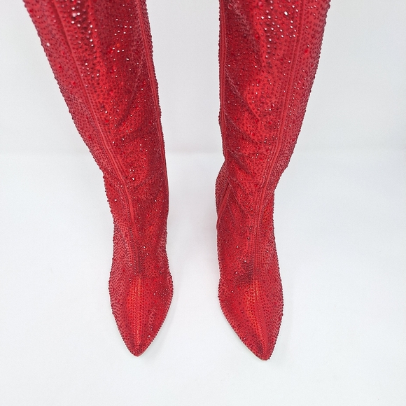 Top Moda Mariha Women's Rhinestone Knee High Boots 6.5 Red Sparkle - Picture 3 of 12